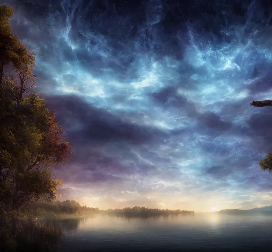 Image similar to lake at deepnight landscape with visible space sky, fantasy artwork, very beautiful scenery, hd, hdr, ue 5, ue 6, unreal engine 5, cinematic 4 k wallpaper, 8 k, ultra detailed, by popular digital artist,