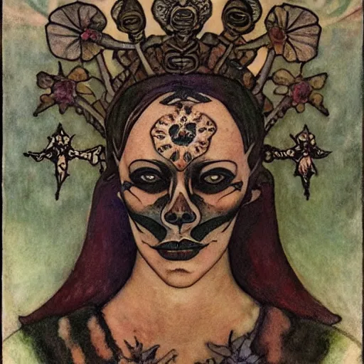 Image similar to the bone crown, by Annie Swynnerton and Nicholas Roerich and (((Diego Rivera))) and (((Edmund Dulac))), bioluminescent skin, floral tattoos, goth costume, geometric ornament, symbolist, rich colors, dramatic lighting, smooth, sharp focus, extremely detailed