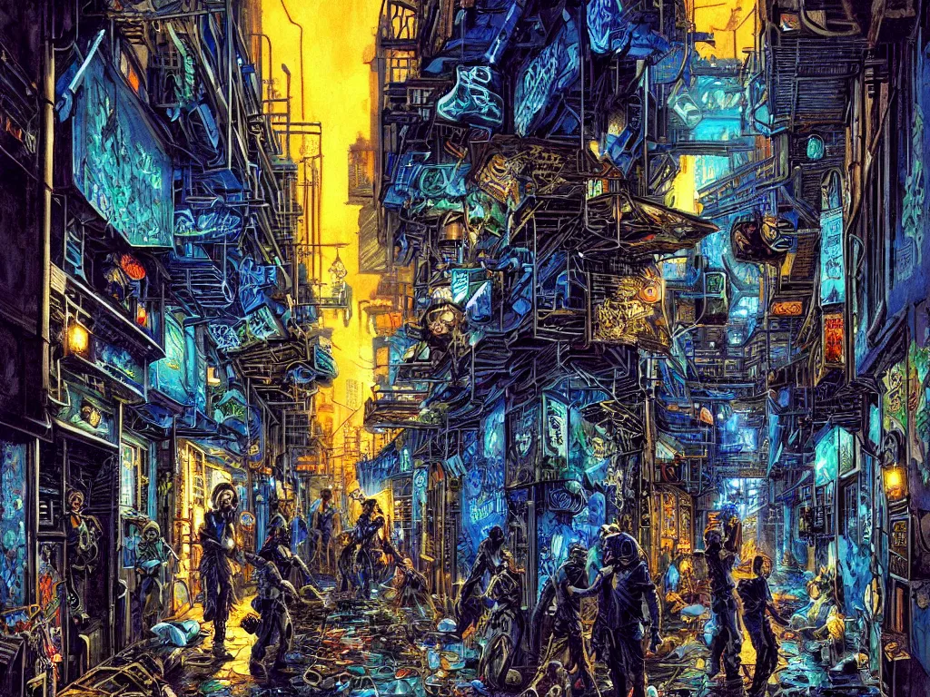 Prompt: shadows of a cyberpunk gang in the alleyway between buildings at night, graffiti, fine detail, intricate, polished, smooth, ultradetailed, blue color scheme, digital art, illustration, impressionist, by john smith and noriyoshi ohrai and george luks