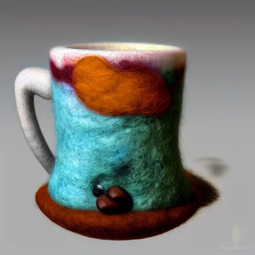 Image similar to Needle felted coffee mug and breakfast, trending on artstation