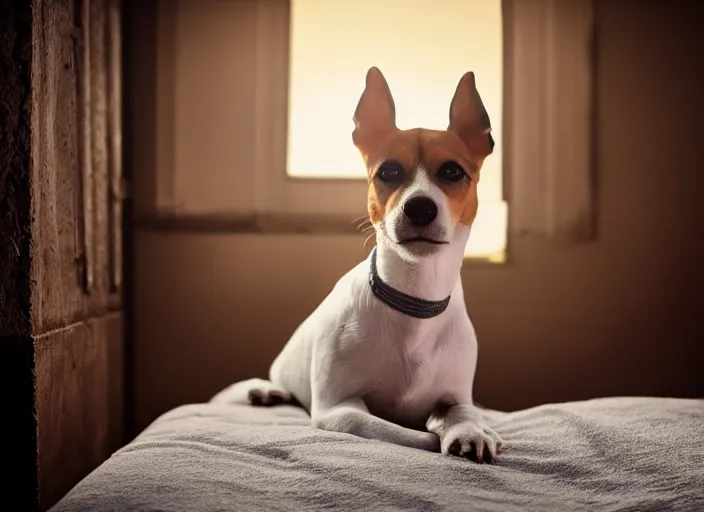 Image similar to photography of a Jack Russel . watching outside the window. on a bed. in a vintage room full of vinyls and posters.,volumetric light, photorealistic,, award winning photo, 100mm, sharp, high res