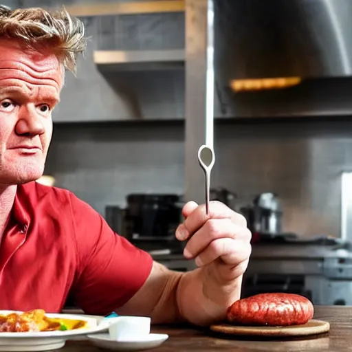 Prompt: gordon ramsey eating sausage with sauce and not liking it, high quality photograph, photorealist F1.8