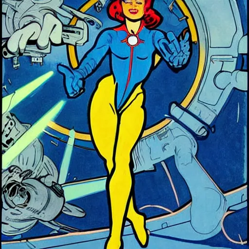 Image similar to an alien woman with blue skin and red hair, floating in space. she is an astronaut, wearing a space suit. well composed, clean elegant painting, beautiful detailed face. comic book art by steve ditko and jack kirby and ( alphonse mucha )