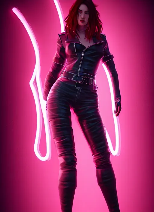 Image similar to pretty young woman with shoulder length shiny shimmering dark red hair and wearing a stuffed leather jacket with the glow of neon lights illuminating her, path traced, highly detailed, high quality, digital painting, by cd projekt red, cyberpunk,