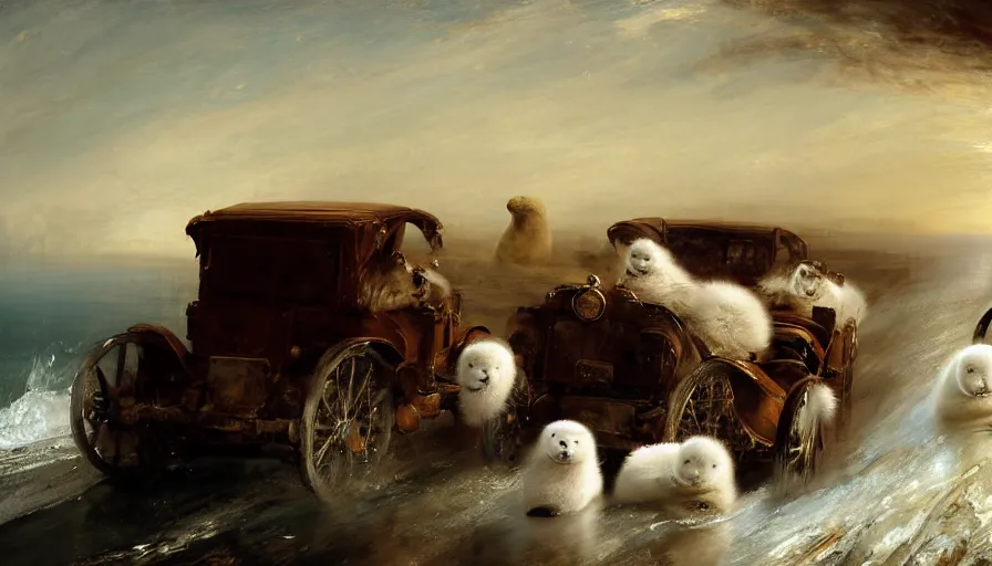 Image similar to highly detailed painting of cute furry white baby seals driving a car by william turner, by greg rutkowski, by william constable, thick brush strokes and visible paint layers, 4 k resolution