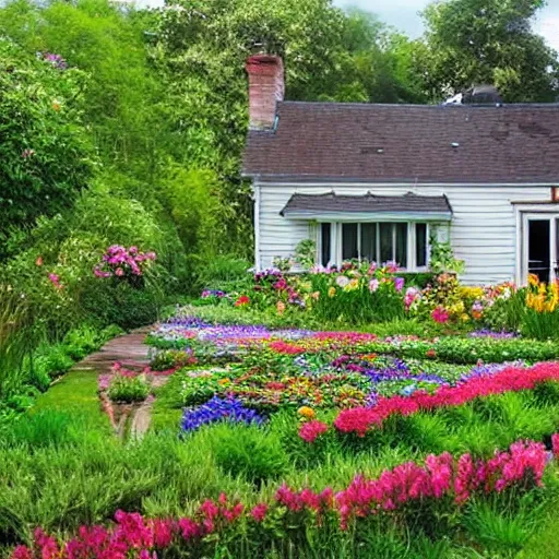 Image similar to A beautiful cottage with a lush front yard, with a flower patch and a flowing river in the style of Monet