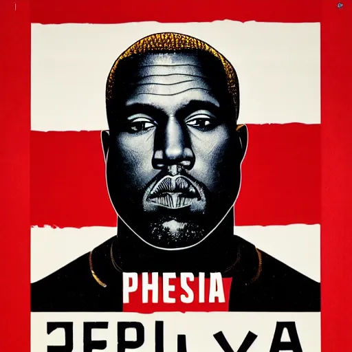 Image similar to Russian Propaganda Soviet screen-print shepard fairey illustrated poster of Kanye West as President standing in front of a USA America flag