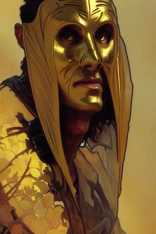 Image similar to A man wearing golden mask,painting by greg rutkowski and alphonse mucha