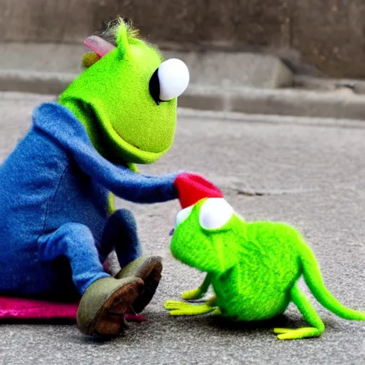 Image similar to disheveled homeless angry muppet stabbing Kermit out of jealousy. Photograph.