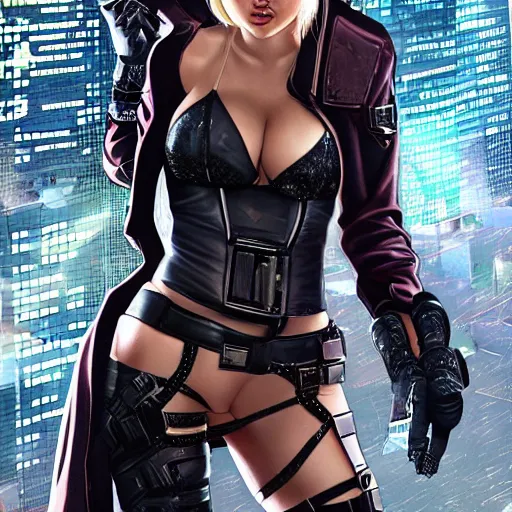 Prompt: full body photo of kate upton as a cyberpunk thief warrior