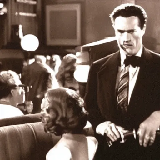 Prompt: a movie still of film noir jazz bar, crowds of people, she arrived in a red dress, cinematography john alton, burnet guffey, john seitz.