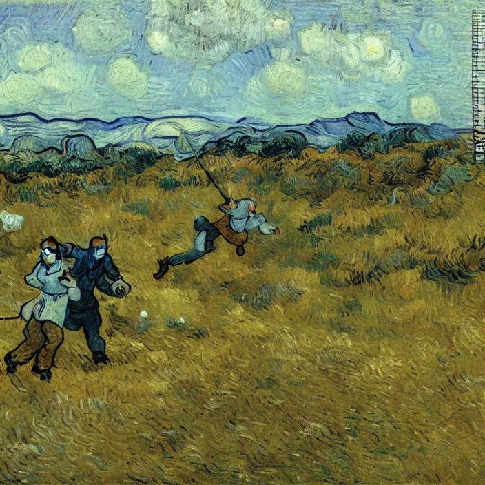 Image similar to adult man and woman playing on the open moorland, painting by van gogh