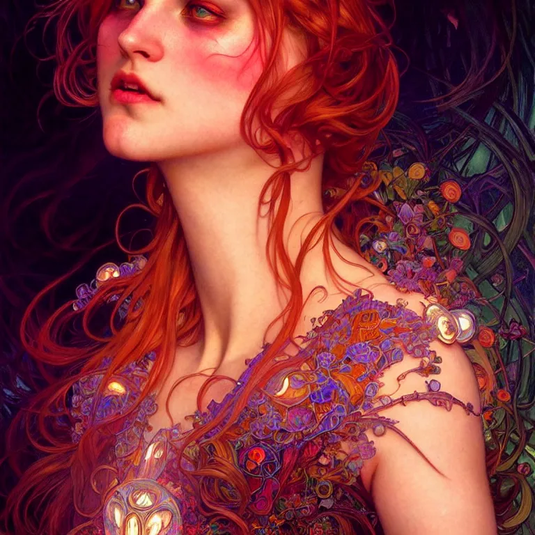 Prompt: bright asthetic portrait LSD glowing backlit, fantasy, intricate, elegant, dramatic lighting, highly detailed, lifelike, photorealistic, digital painting, artstation, illustration, concept art, smooth, sharp focus, art by John Collier and Albert Aublet and Krenz Cushart and Artem Demura and Alphonse Mucha