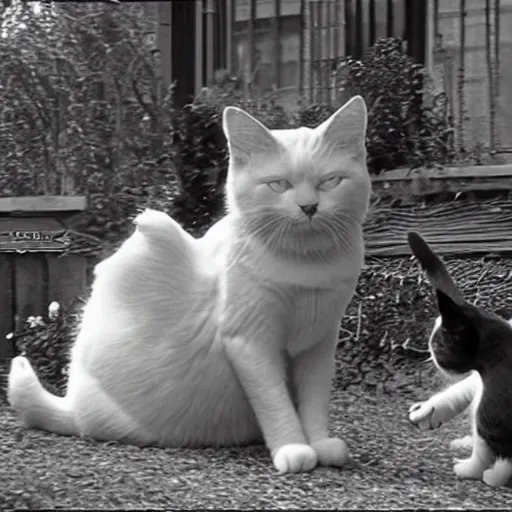 Image similar to 2 cats playing in the garden, one of them is white, by Timothy Burton, Cinematic