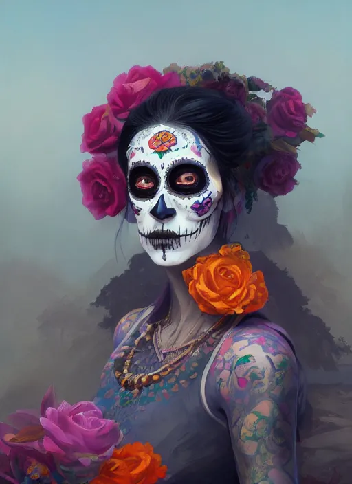 Image similar to portrait of dia de muertos, extremely detailed digital painting, in the style of fenghua zhong and ruan jia and jeremy lipking and peter mohrbacher, mystical colors, rim light, beautiful lighting, 8 k, stunning scene, raytracing, octane, trending on artstation