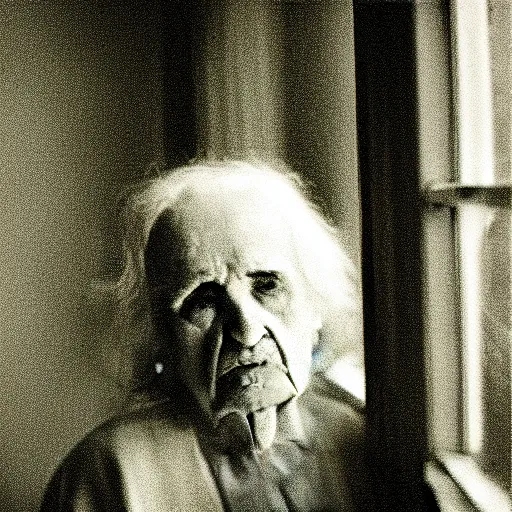 Prompt: black and white photograph portrait of a depressed beautiful old woman standing by the window, natural light, lomo, fashion photography, film grain, soft vignette, sigma 85mm f/1.4 1/10 sec shutter