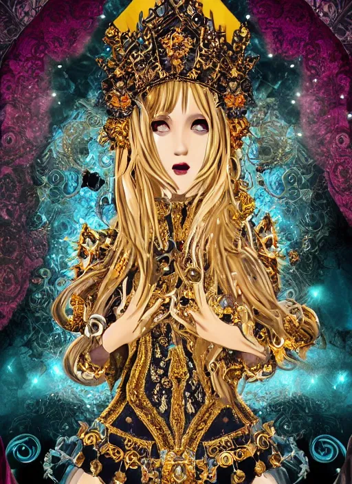 Prompt: baroque bedazzled gothic royalty frames surrounding a pixelsort rimuru tempest smiling, sky blue straight hair, bangs, with amber eyes, yellow golden eyes, wearing a black maximalist spiked jacket, high collar, ultra detailed, concept art, digital painting, pretty, cinematic, wlop artstation, sharpened early computer graphics, remastered chromatic aberration
