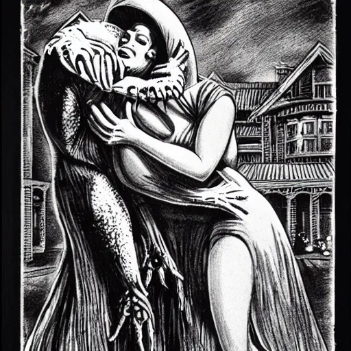 Prompt: vintage universal monster movie, the giant humanoid crab monster attacks a screaming woman inside a spooky gothic mansion