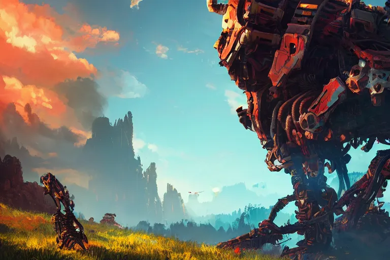 Image similar to ravager machine mecanical creature robot of horizon forbidden west horizon zero dawn radiating a glowing aura global illumination ray tracing hdr fanart arstation by ian pesty and alena aenami artworks in 4 k