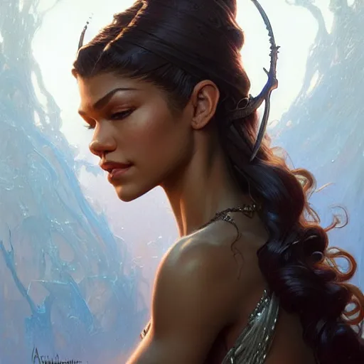 Prompt: beautiful zendaya, closeup, D&D, fantasy, intricate, elegant, highly detailed, digital painting, artstation, concept art, matte, sharp focus, illustration, art by Artgerm and Greg Rutkowski and Alphonse Mucha