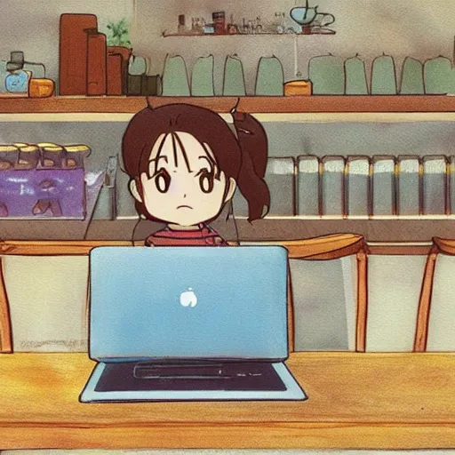 Prompt: girl at a coffee shop using a laptop, art by hayao miyazaki