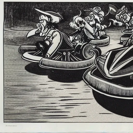 Image similar to a james tissot woodblock print of mario kart 6 4