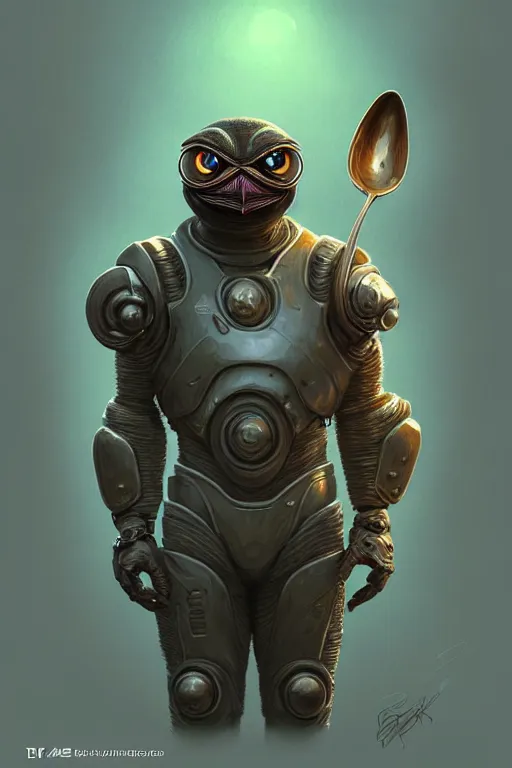 Image similar to Portrait of pepe with a spoon wearing futuristic power armor, fantasy, intricate, highly detailed, digital painting, trending on artstation, sharp focus, illustration, style of Stanley Artgerm and Greg Rutkowski and Dan Mumford