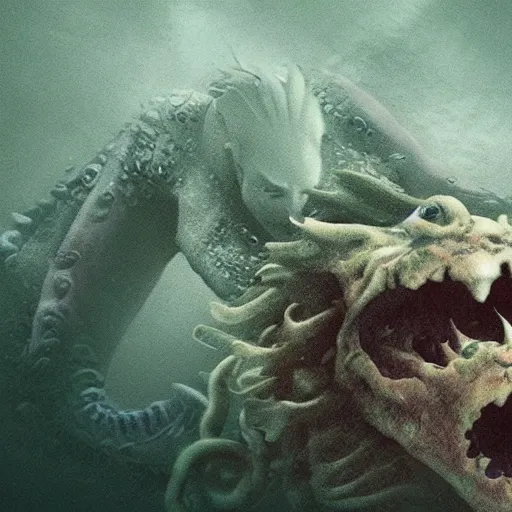 Image similar to sea monster about to eat pov underwater, creeping forward, showing anger, pale skin, dark foggy water, dramatic,'silent hill ', big eyes, terrifying, horrific, non - human, euclid, cinematic