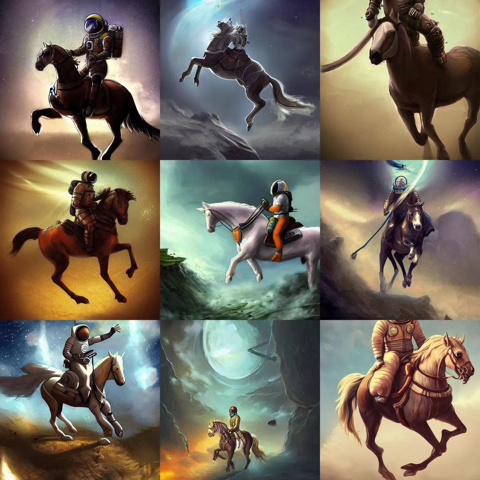 Prompt: fantasy concept art of an astronaut riding a horse, trending on pintrest