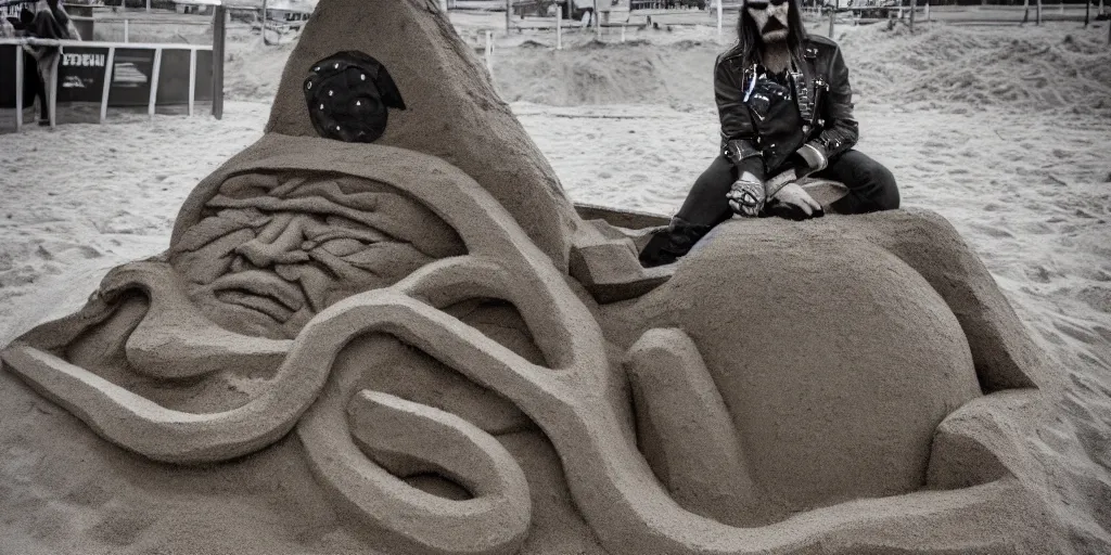 Image similar to high quality photograph of a masterfully crafted sand sculpture of a lemmy kilmister at the playground's sandbox