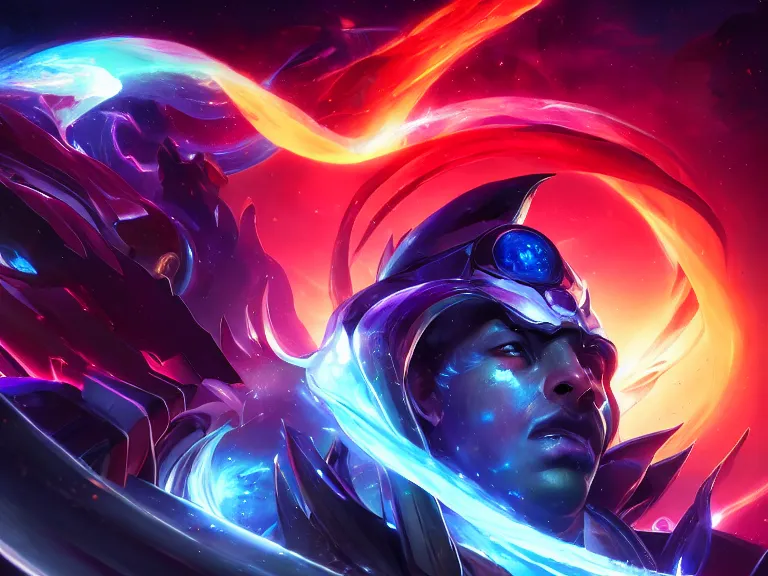 Image similar to portrait of cosmic emperor, overflowing with energy, nexus of the universe, black hole, rule of thirds, red and blue gradient, photorealistic facial features, league of legends splash art, by chengwei pan, huang guangjian, viktoria gavrilenko, artgerm, greg rutkowski, 8 k, octane, digital painting, artstation