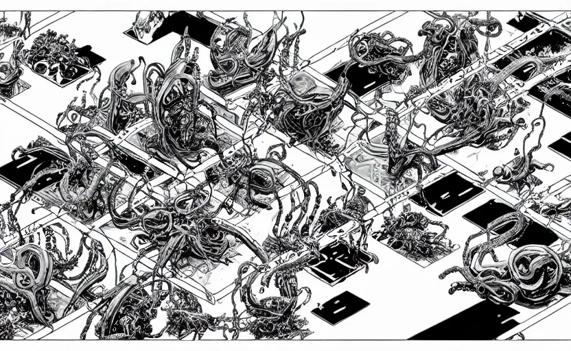 Image similar to black and white avengers with tentacles fights with marvel monsters with wires, isometric, by tsutomu nihei, background cybernetic planets