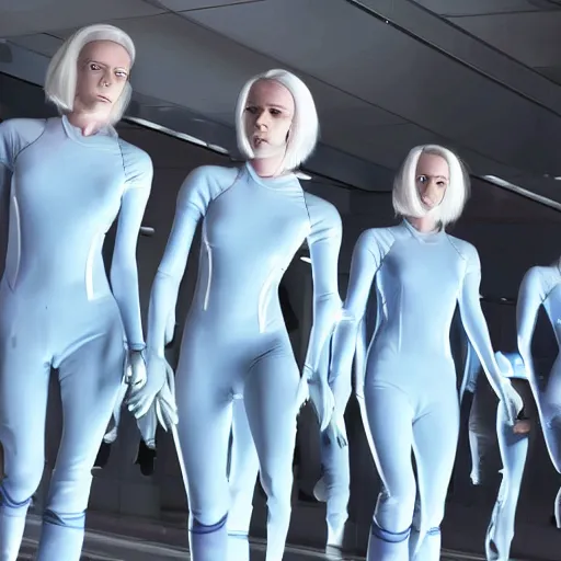 Image similar to troop of cloned women with white bob hairdos, extra limbs, tight light blue neopren suits, futuristic production facility, sci - fi, highly detailed, cinematic