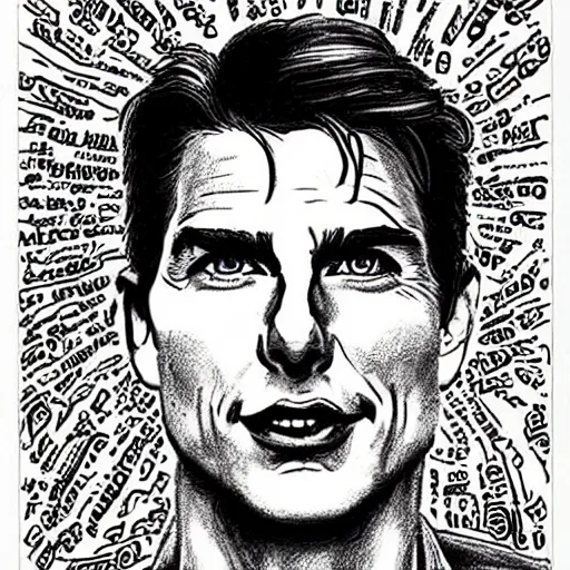 Image similar to a portrait drawing of Tom Cruise drawn by Robert Crumb