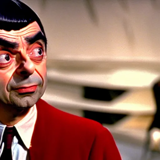 Prompt: Movie still of Mr. Bean as Spock from Star Trek, direct gaze