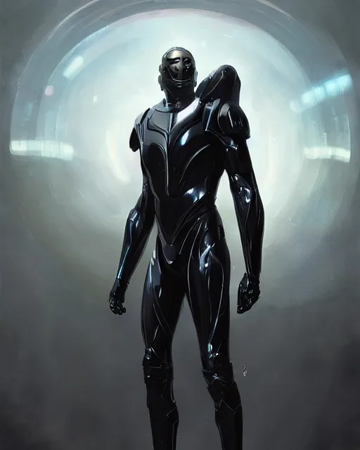 Image similar to iridescent wiry muscular male sleek glossy black pearlescent scifi armor with smooth black featureless helmet, by greg rutkowski and mark brookes and jim burns and tom bagshaw and magali villeneuve, trending on artstation