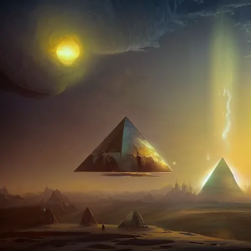Image similar to ultradetailed pyramid structure emitting an energy beam into the atmosphere to terraform planet by peter mohrbacher and emmanuel shiu and martin johnson heade and bastien lecouffe - deharme