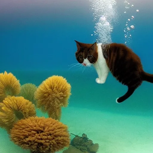 Prompt: Dreamt in `4.87s` for `!dream a cat scuba diving in a huge lake, National Geographic, beautiful masterpiece