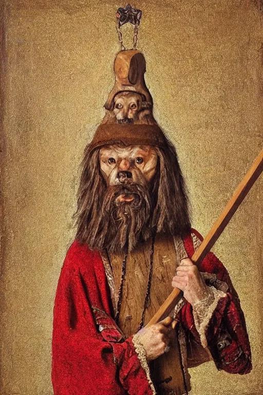 Image similar to Slavic dog head man, woolen torso in medieval clothes, holding an ax, Orthodox Saint Christopher, oil painting, hyperrealism, beautiful, high resolution, trending on artstation,