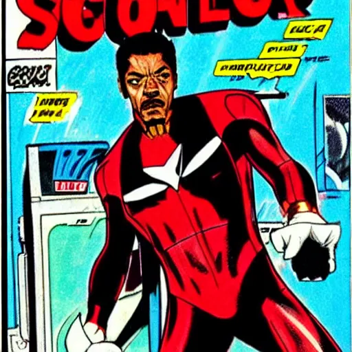 Prompt: Samuel L. Jackson as Tony Stark, comic book cover, art by Steve Ditko.