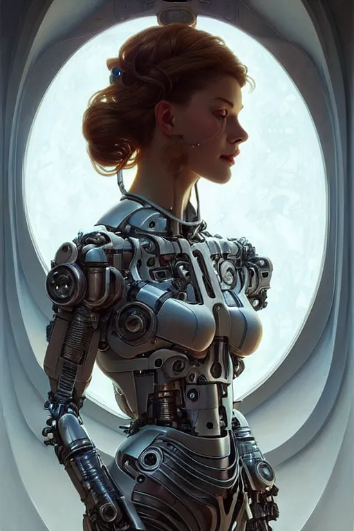 Image similar to beautiful female mechanical android!, half portrait, 3 / 4 pose, intricate detailed environment, photorealistic!, floro details, intricate, elegant, highly detailed, digital painting, artstation, concept art, smooth, sharp focus, illustration, art by artgerm and greg rutkowski and alphonse mucha