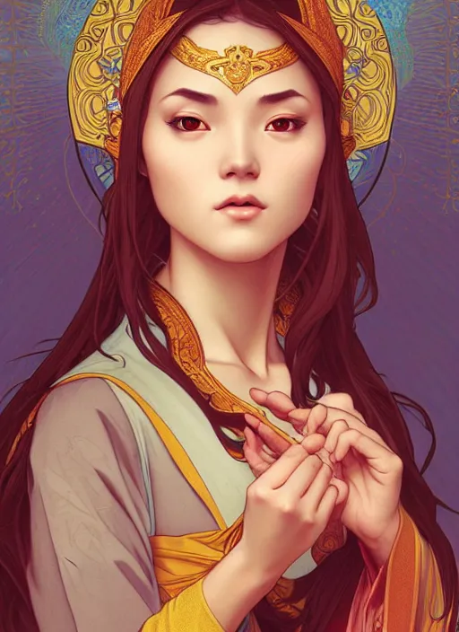 Prompt: A beautiful female monk, highly detailed, digital painting, smooth, sharp focus, tarot illustration, art by artgerm and alphonse mucha, high definition digital art, in the style of Ross tran and ilya kuvshinov