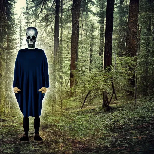 Prompt: professional photograph of tall humanoid creature with wolf skull wearing a full body dark blue blanket in the middle of the forest