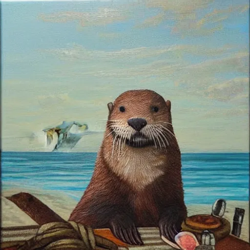 Prompt: An oil on canvas painting depicting an otter dressed as a pirate sitting on the beach overlooking his ship