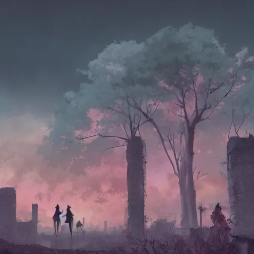 Prompt: apocalyptic ruins. pink tree growing. Atmospheric lighting, gloomy, dark, end of the world, ruins, everything is dead, post apocalyptic. Makoto Shinkai, anime, trending on ArtStation, digital art.