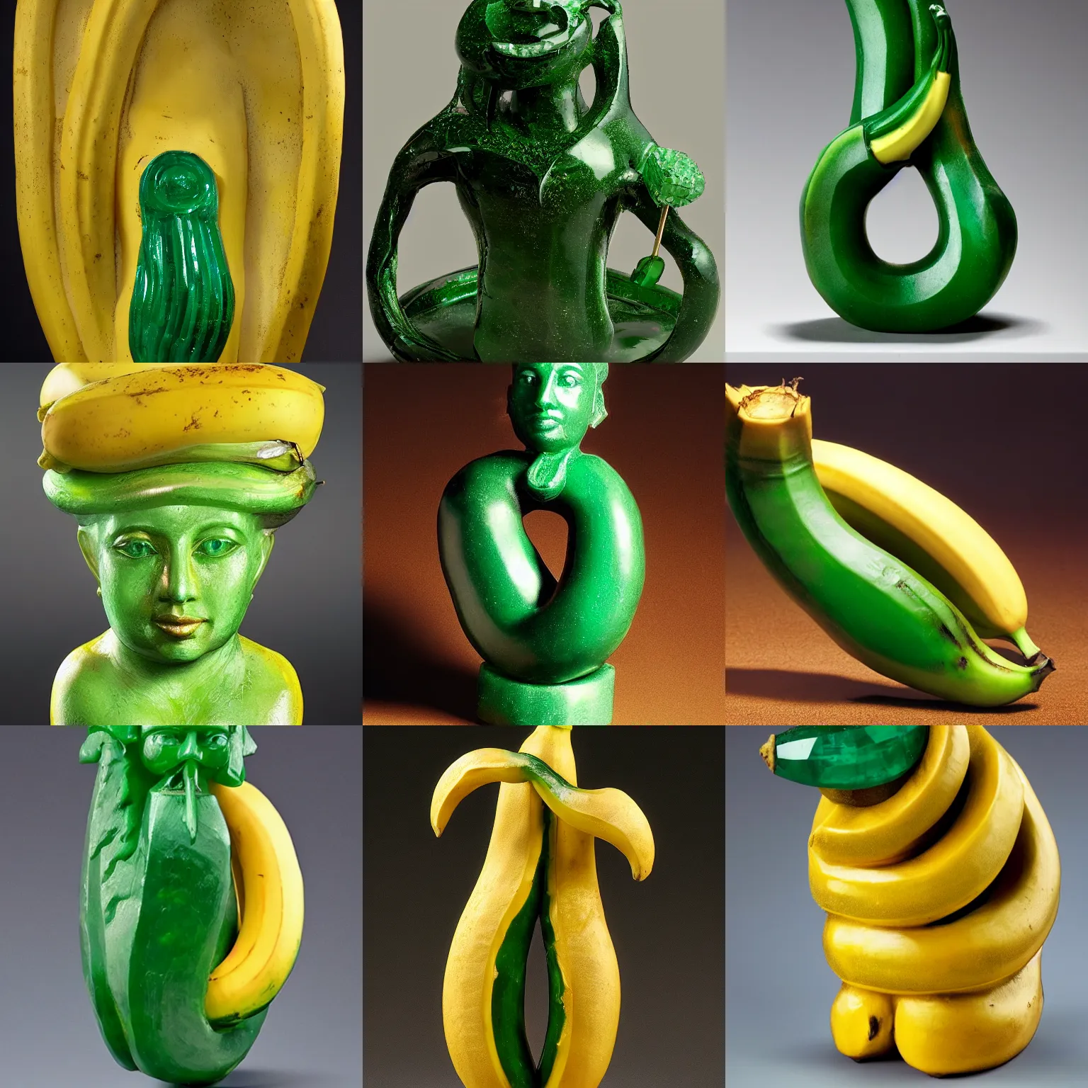 Prompt: An emerald sculpture of a banana