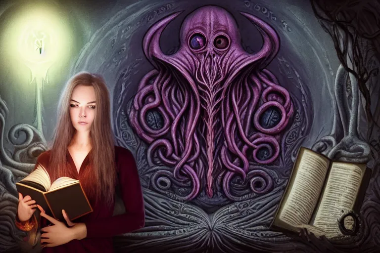 Image similar to romantic photo of bright girl, her cat and her book of necronomicon, symmetrical, cinematic, real dlsr photography, sharp focus, 4 k, ultra hd, sense of awe, sinister demonic atmosphere, dreadful, forbidden knowledge, old gods, cthulhu, yog - sothoth! yah, yah, yah! cultist journal cover