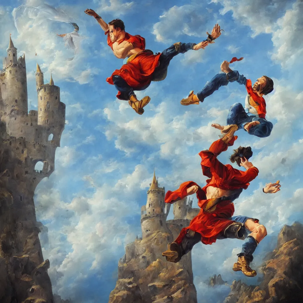 Image similar to full body oil painting of man jumping from a castle in the air