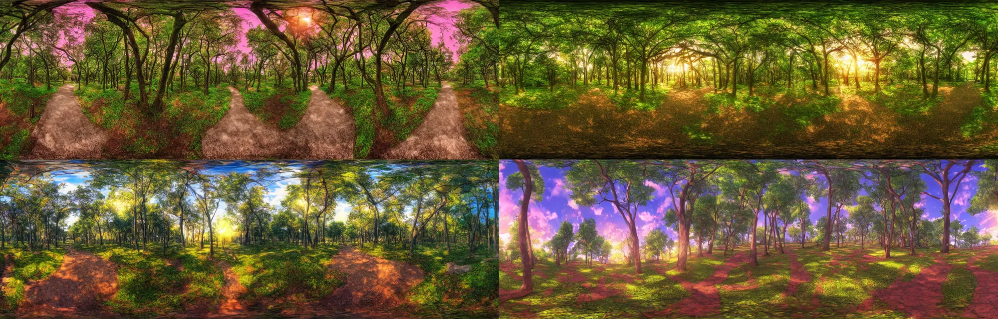 Prompt: anime intricate forest with walkpath towards the susnset , animation background panorama