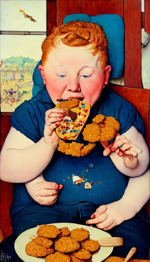 Image similar to painting of a stoned ginger hair chubby boy eating a delicious cholocate chunks cookies, buzz cut, america, norman rockwell